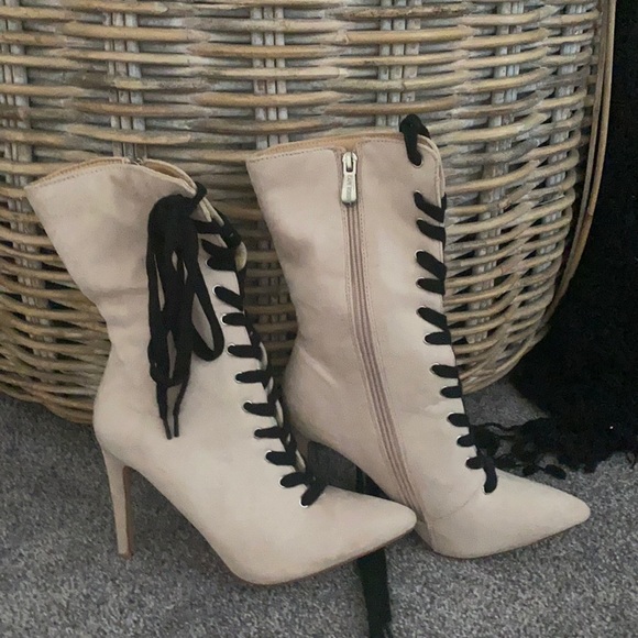 Lola Shoetique Shoes - Suede baby pink/ tanish tone heel booties